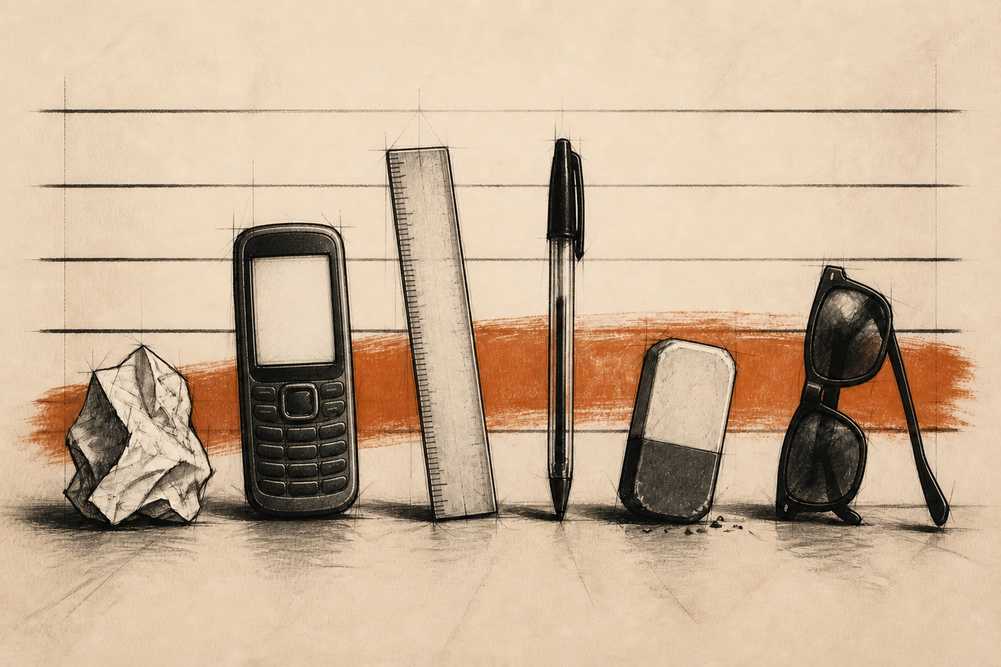 Papel amassado, celular antigo sem marcas, régua, caneta, borracha e óculos escuros posam como suspeitos numa fila policial escolar.