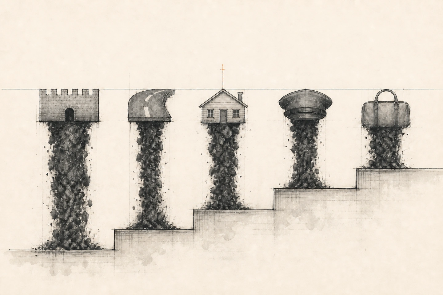 Uma maquete reúne castelo, estrada, casa, bagagem e formas policiais em alturas diferentes; cinza de carvão sobe até nivelar todas as superfícies, exceto uma pequena baliza laranja.