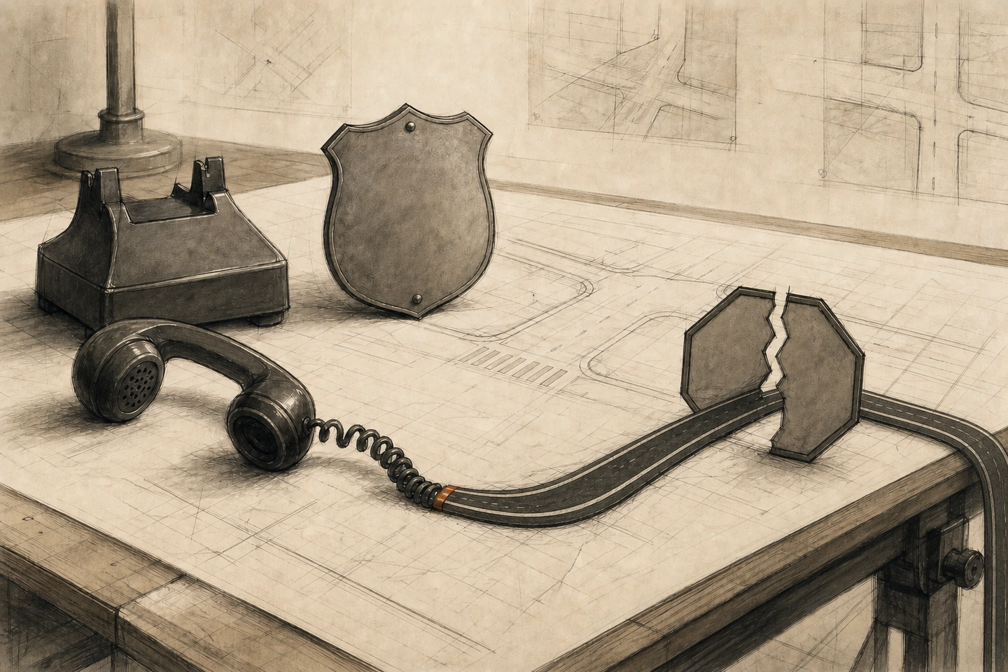 Num balcão policial sem identificação, um telefone fora do gancho tem o fio transformado em estrada, atravessando um sinal geométrico quebrado e saindo da mesa.