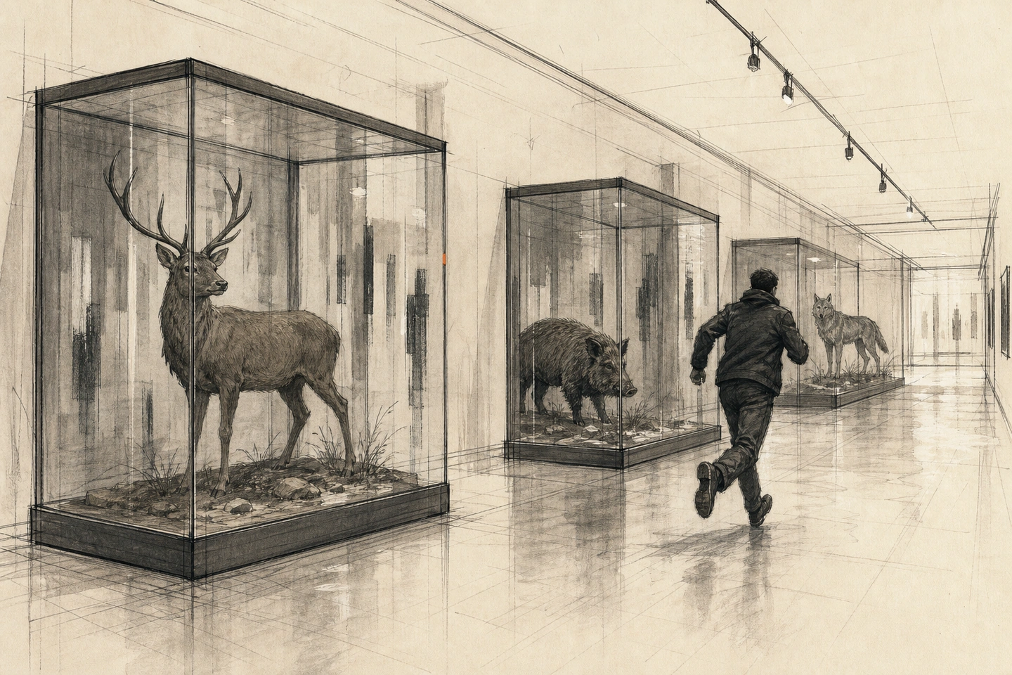 Um adulto anônimo corre por um corredor de museu; taxidermias aparecem dentro de vitrines e reflexos irregulares do vidro se sobrepõem ao fundo em formas que podem ser pessoas ou apenas luz.