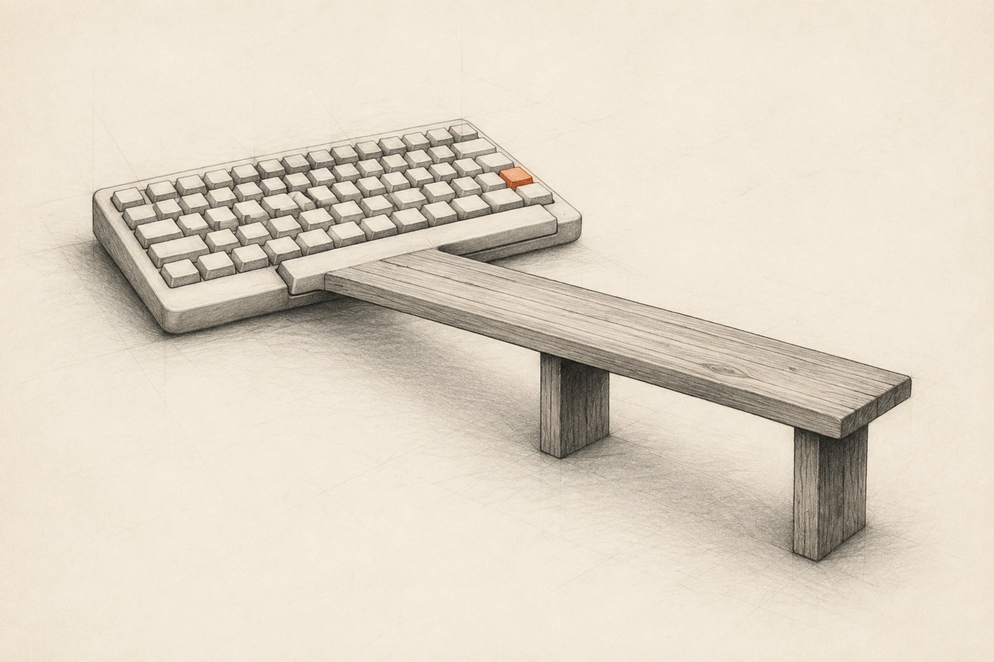 A barra de espaço de um teclado sem letras se prolonga num banco de madeira com duas pernas; uma pequena tecla no canto é laranja.