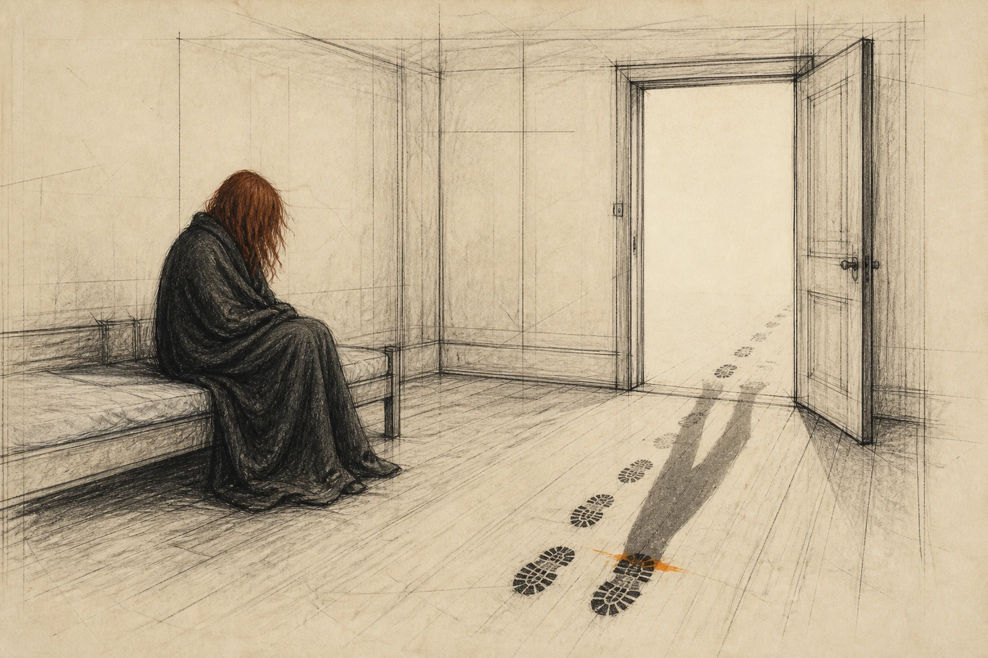 Mulher ruiva coberta senta-se diante da porta vazia; pegadas saem do quarto enquanto a sombra de botas retorna.