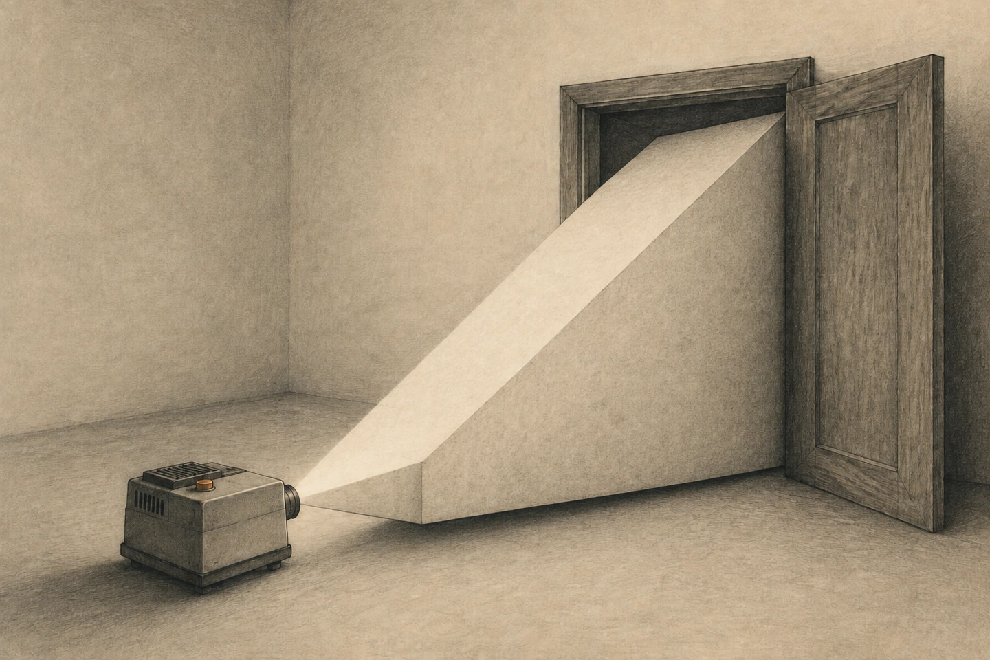 Um projetor com botão laranja emite um feixe que ganha espessura de pedra e ocupa uma porta aberta; o volume deixa uma sombra no chão.