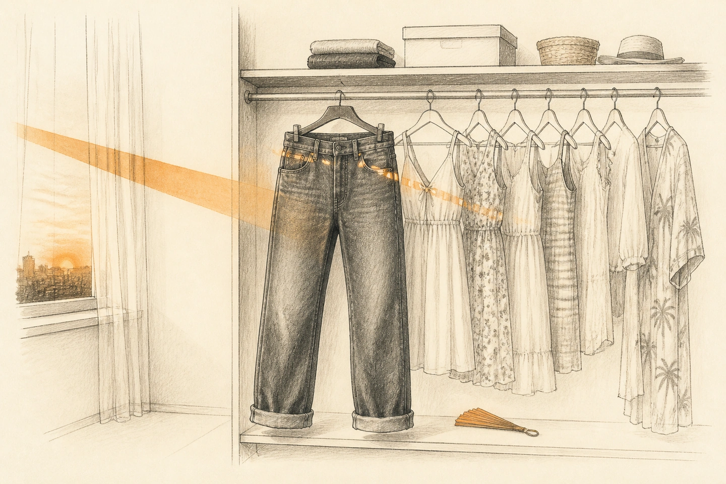 Num guarda-roupa aberto, um jeans pesado encobre roupas leves; uma faixa de sol laranja atravessa seus passadores, e um leque fechado repousa na prateleira.