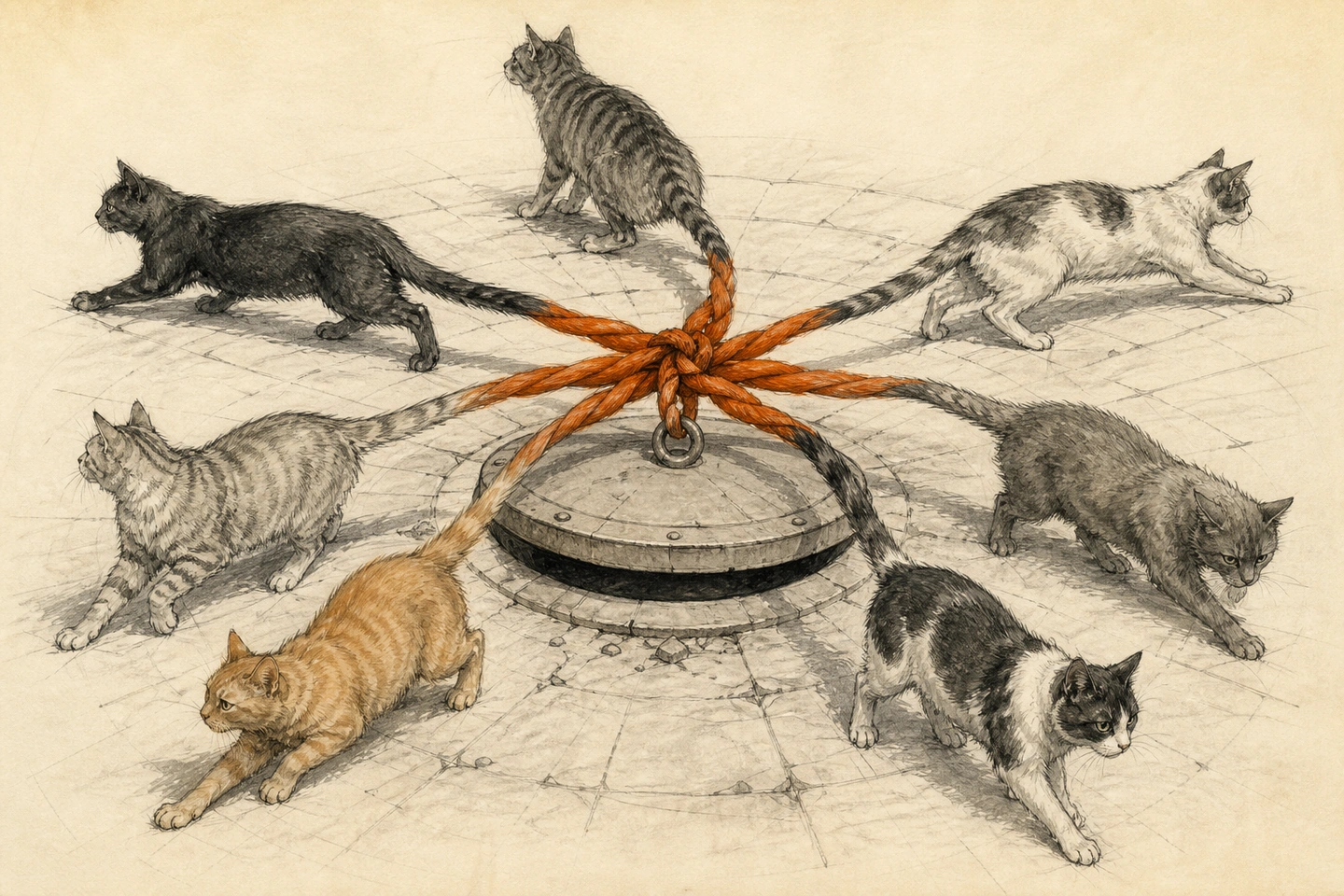 Sete gatos puxam em direções opostas ao redor de uma escotilha; suas caudas trançadas num nó laranja conseguem erguê-la apenas alguns centímetros.