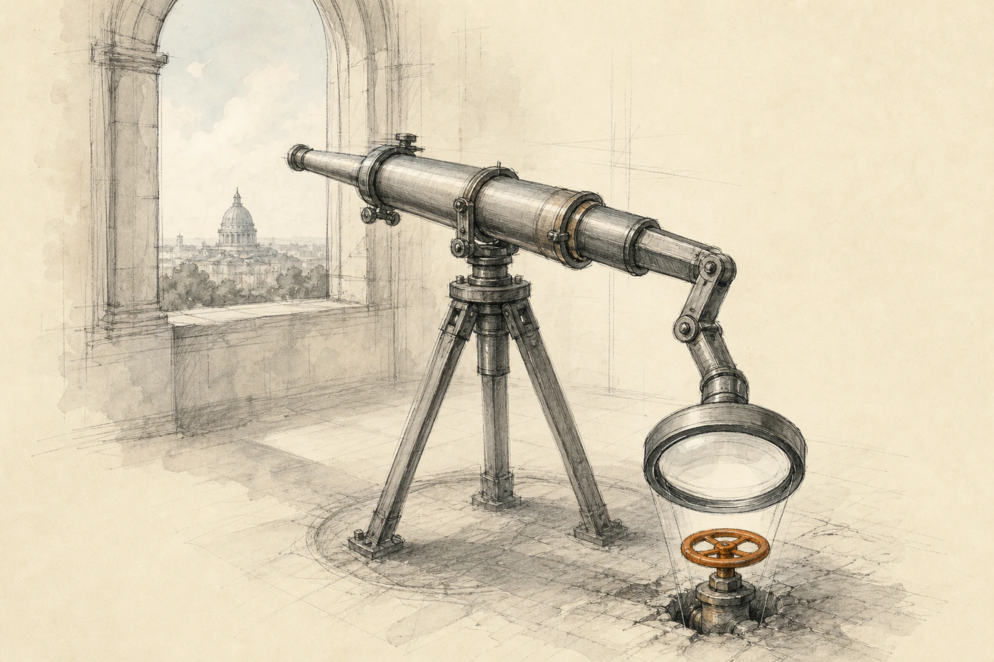 Um telescópio aponta para uma cúpula distante, mas sua ocular se dobra até virar lupa sobre uma válvula embutida no piso; a roda da válvula é laranja.