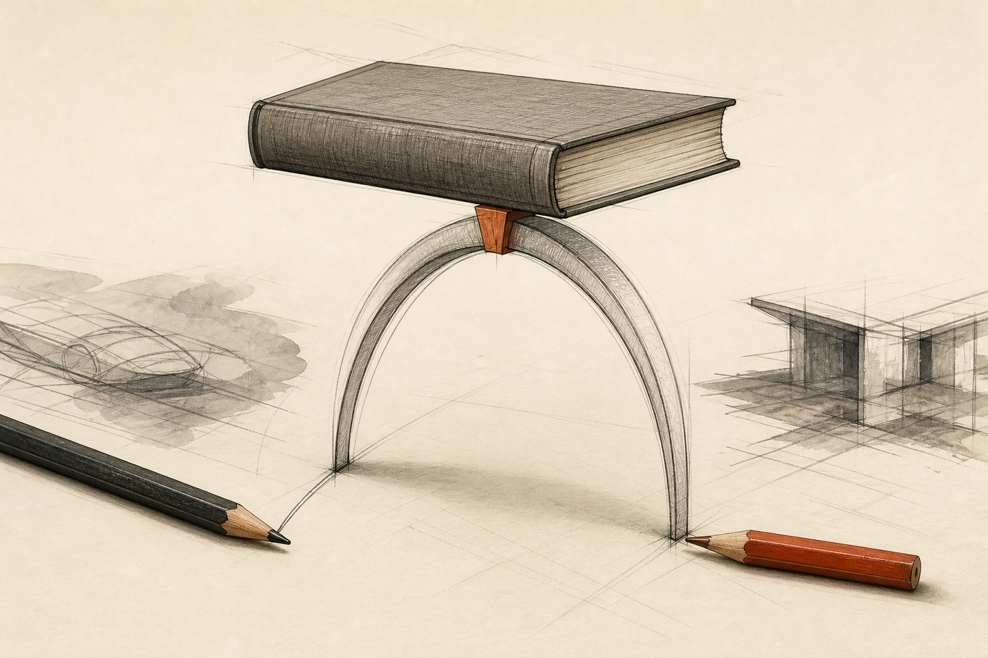 Um lápis preto e outro laranja repousam junto às pontas de um arco que se ergue do papel e sustenta um livro; uma cunha laranja ocupa a junção superior.