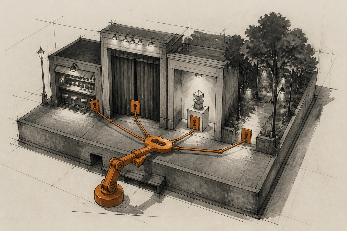 Uma maquete reúne bar, cinema, museu e caminho arborizado; uma grande chave laranja presa a braços articulados alcança as quatro fechaduras.