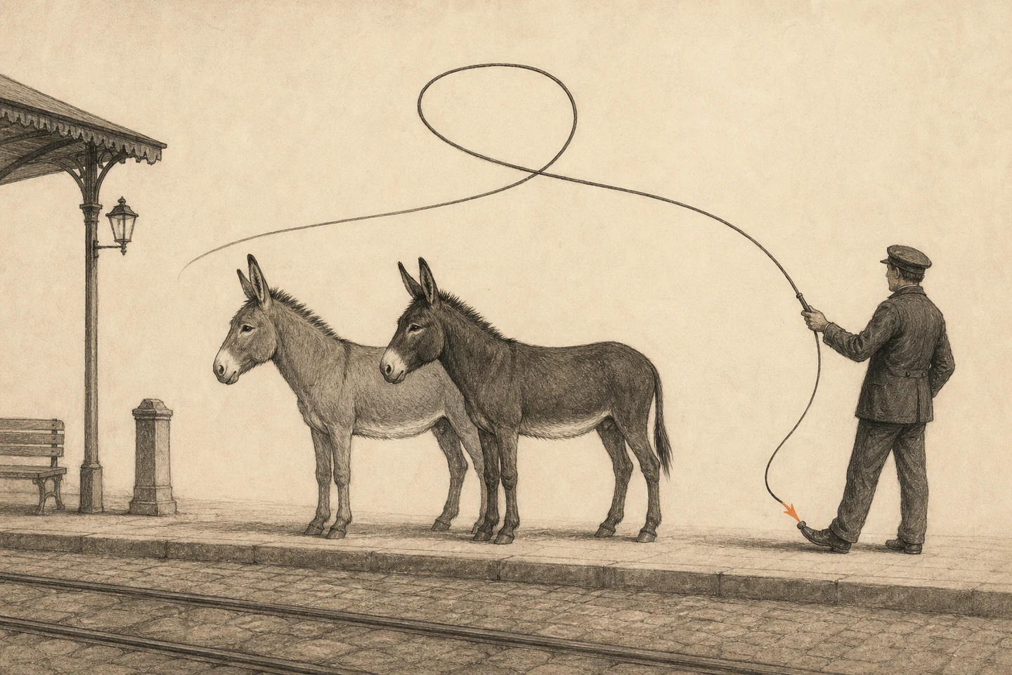 Chicote passa por cima de dois burros no terminal e curva de volta para apontar ao sapato do cocheiro.