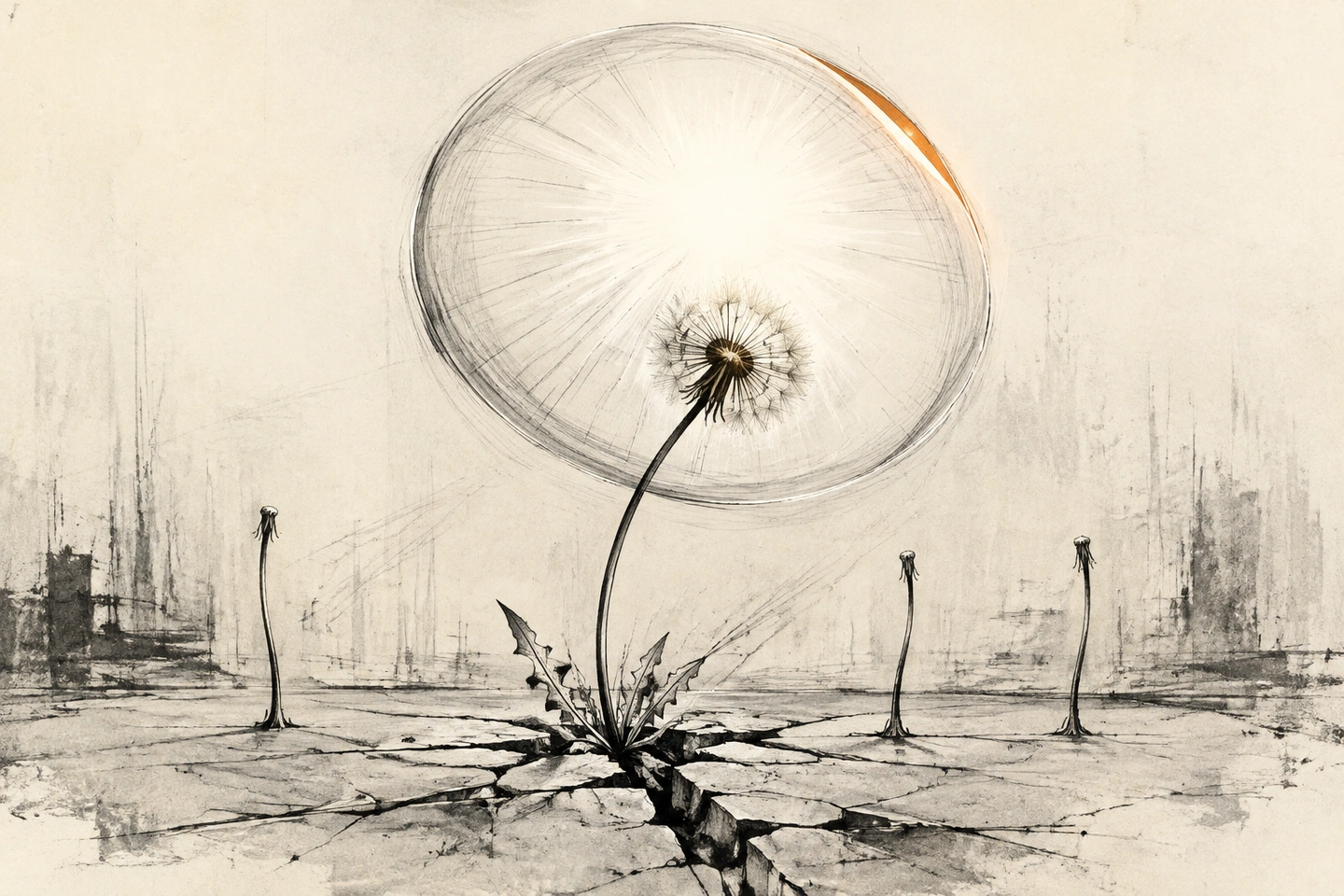 Um dente-de-leão se inclina sob um enorme disco de sol, com uma pequena borda laranja; três hastes secas permanecem próximas na rachadura do concreto.