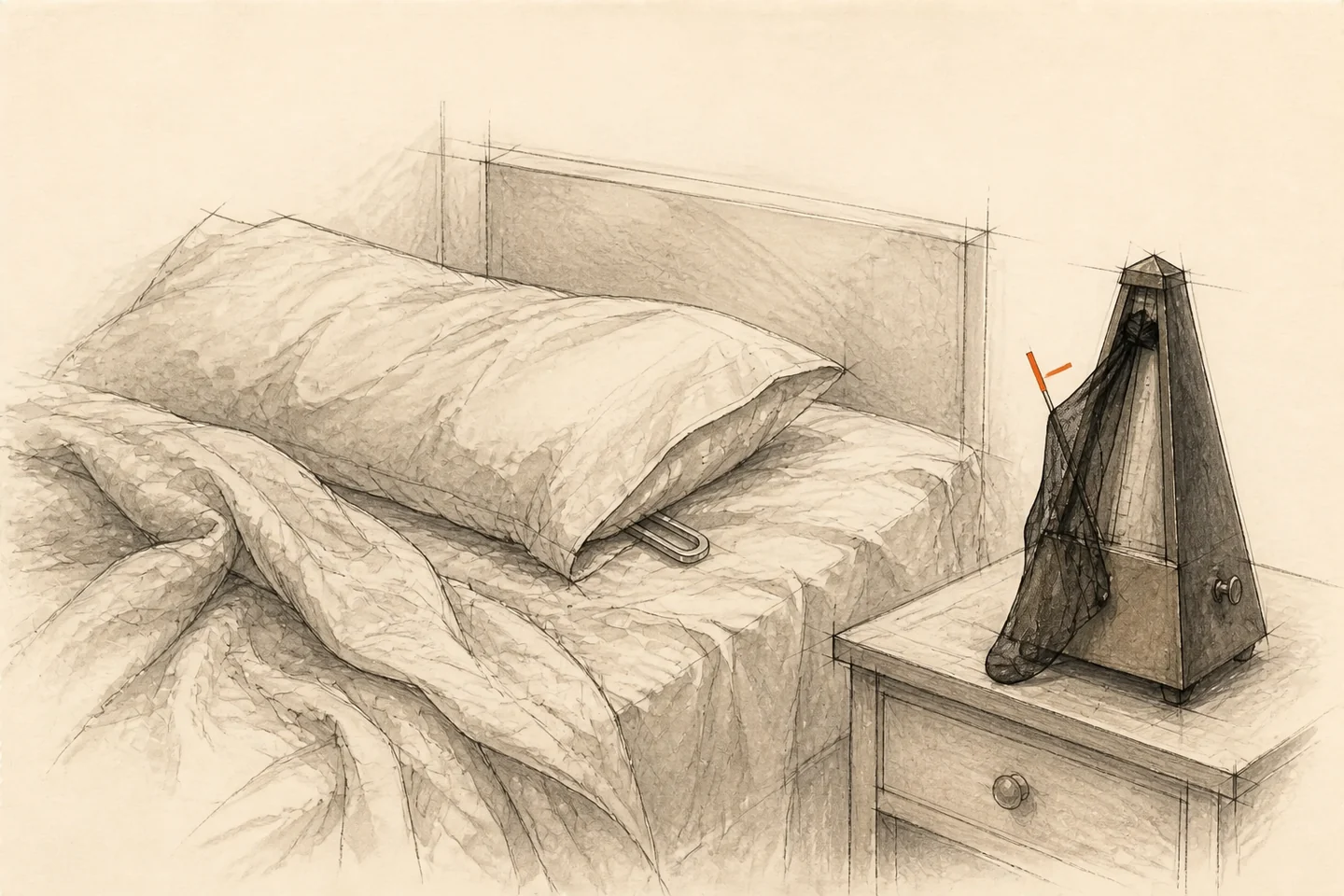 Ao lado de uma cama remexida e vazia, uma meia preta ocupa o lugar do pêndulo de um metrônomo; um diapasão ficou sob o travesseiro.