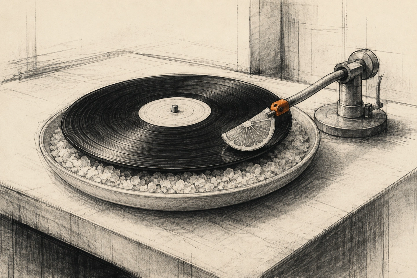 Um disco de vinil gira sobre um prato com sal; uma fatia de limão ocupa a ponta do braço do toca-discos, presa por uma peça laranja.