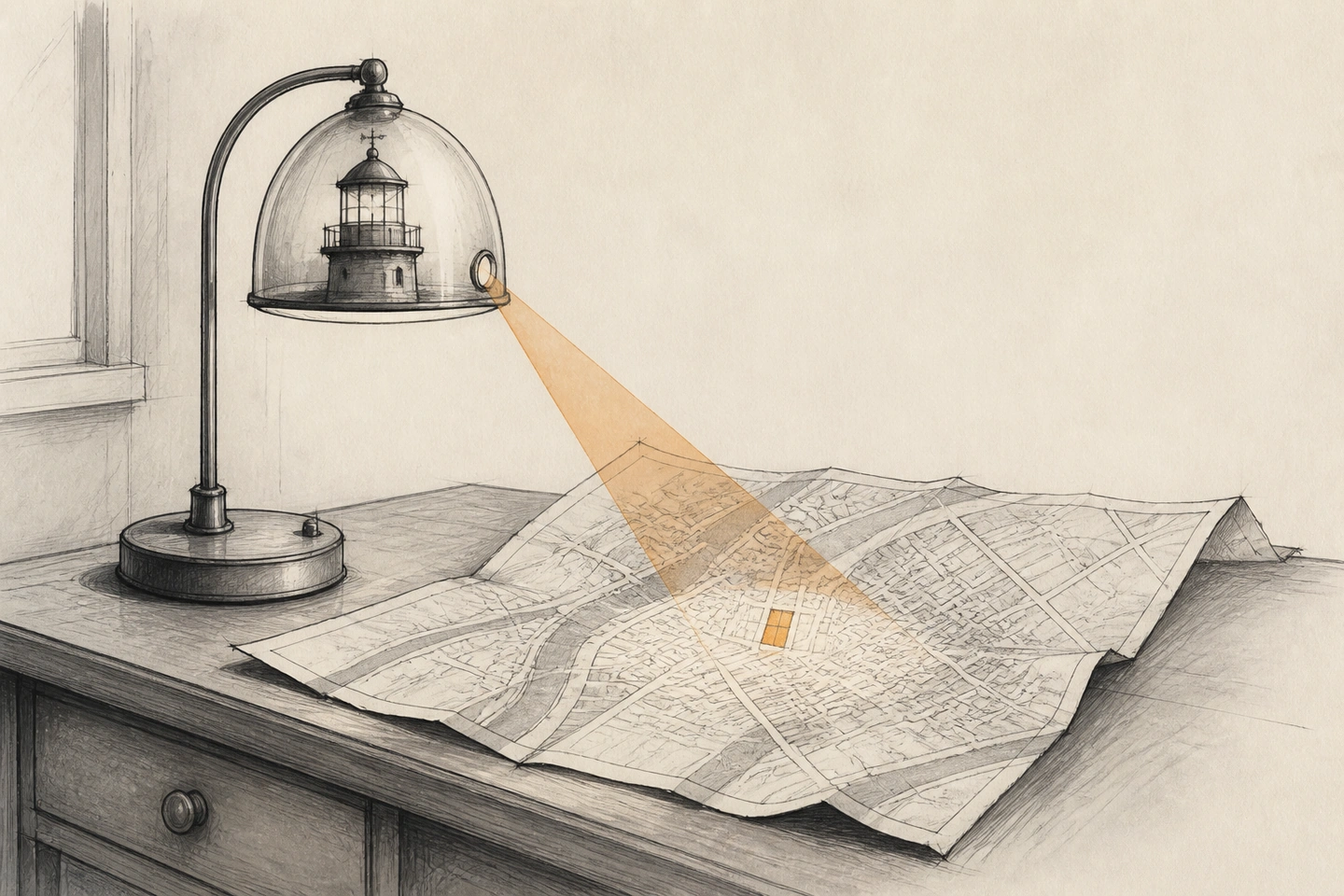 Um farol em miniatura ocupa a cúpula de um abajur e projeta um feixe laranja sobre uma pequena quadra marcada num mapa urbano amassado.