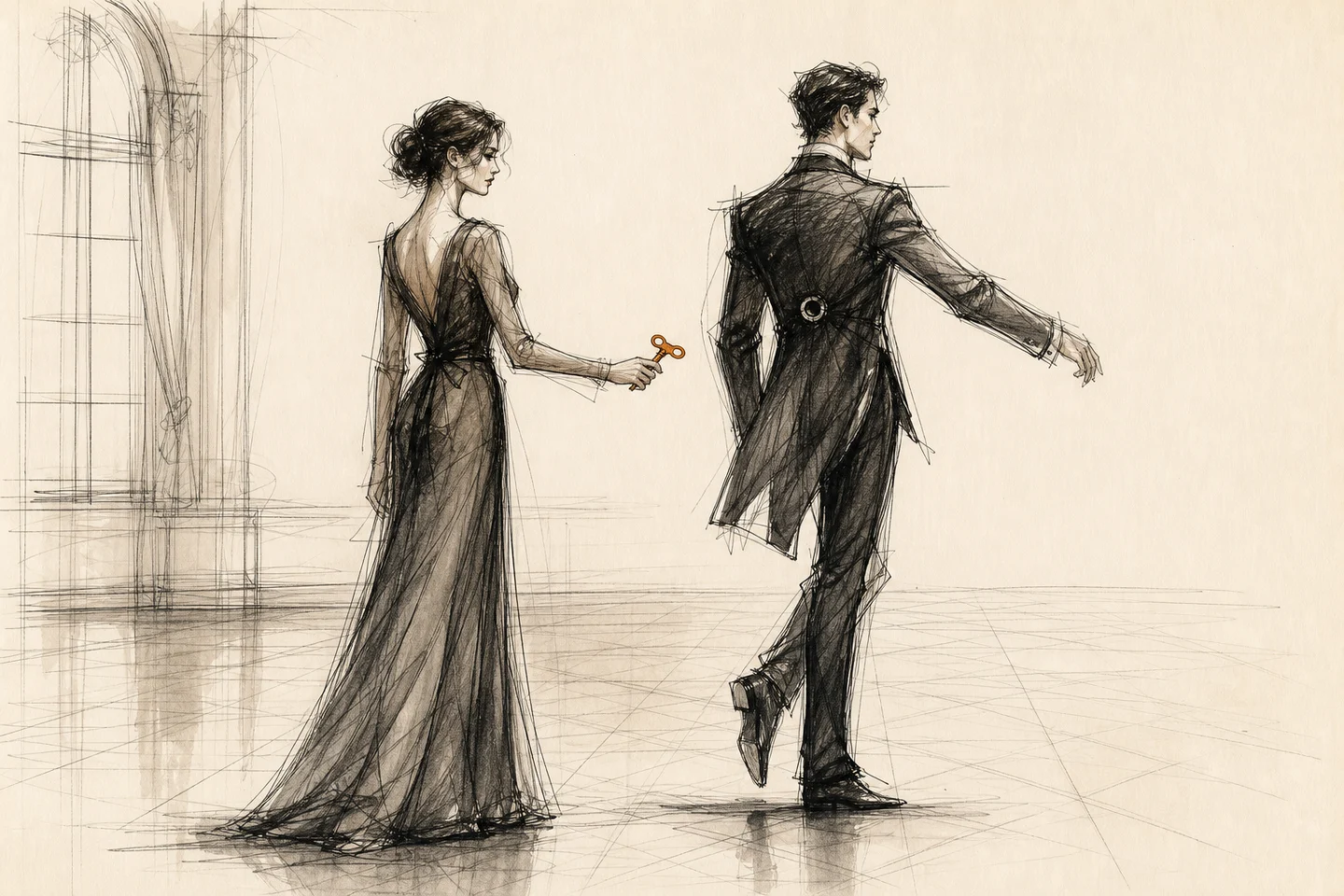 Durante uma dança, uma mulher retira a chave de corda das costas do parceiro, que para no meio do passo.
