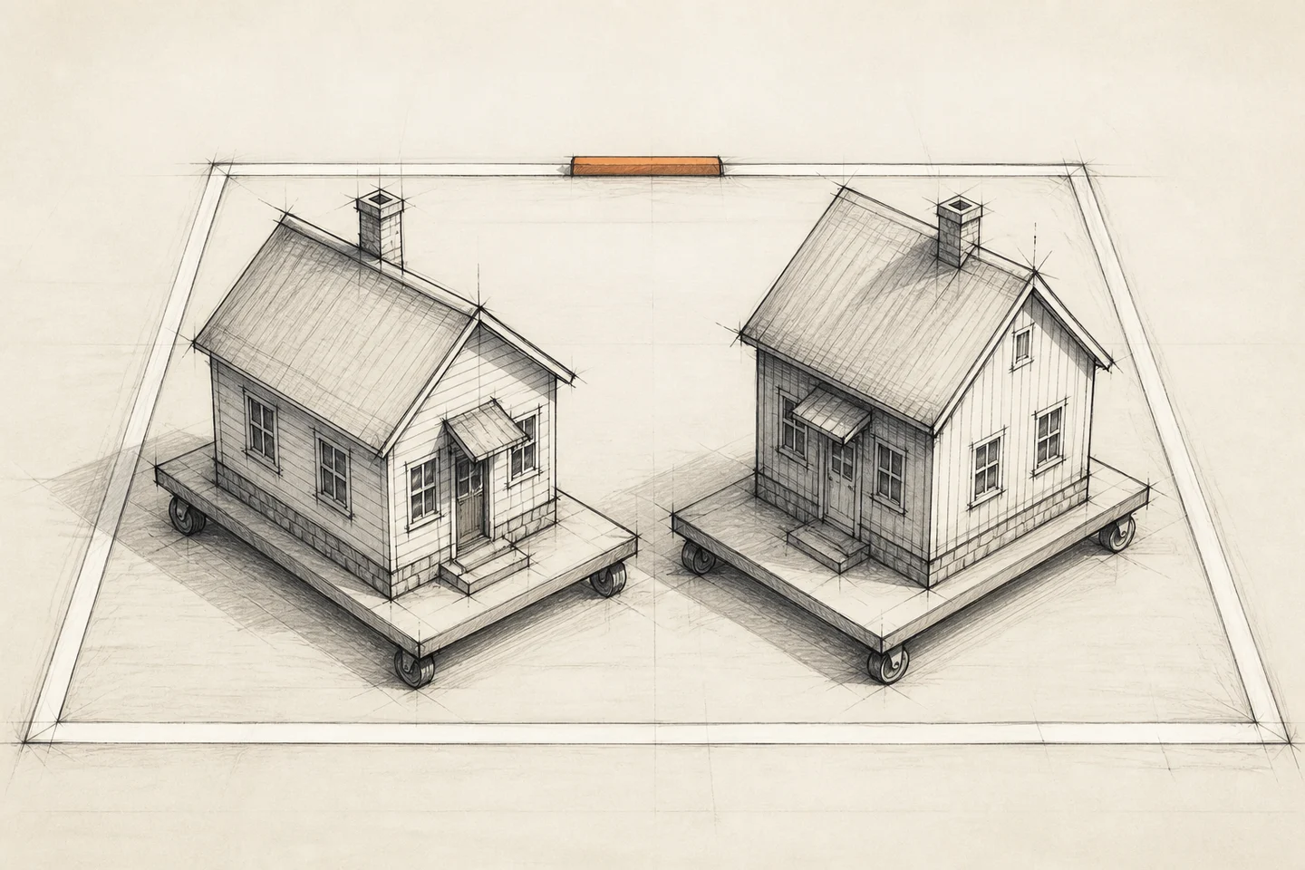 Duas casas completas sobre plataformas com rodas manobram para dividir uma única vaga, sem perder nenhuma parede.