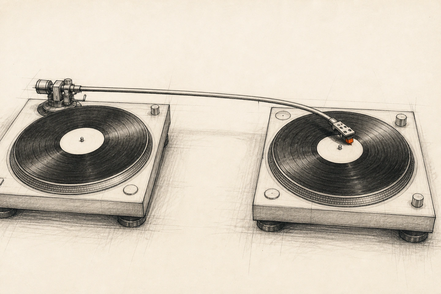 Dois toca-discos ficam separados, mas o braço do primeiro atravessa a distância e pousa com agulha laranja sobre o segundo disco.