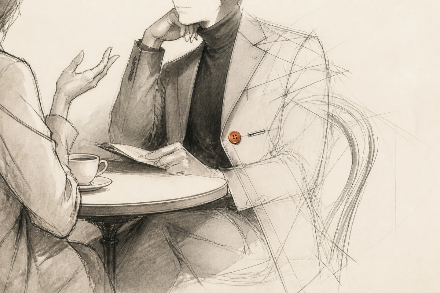Dois adultos conversam à mesa; no ouvinte, as costuras do paletó e as linhas da cadeira se soltam em traços de construção, enquanto um botão laranja espera o encaixe.