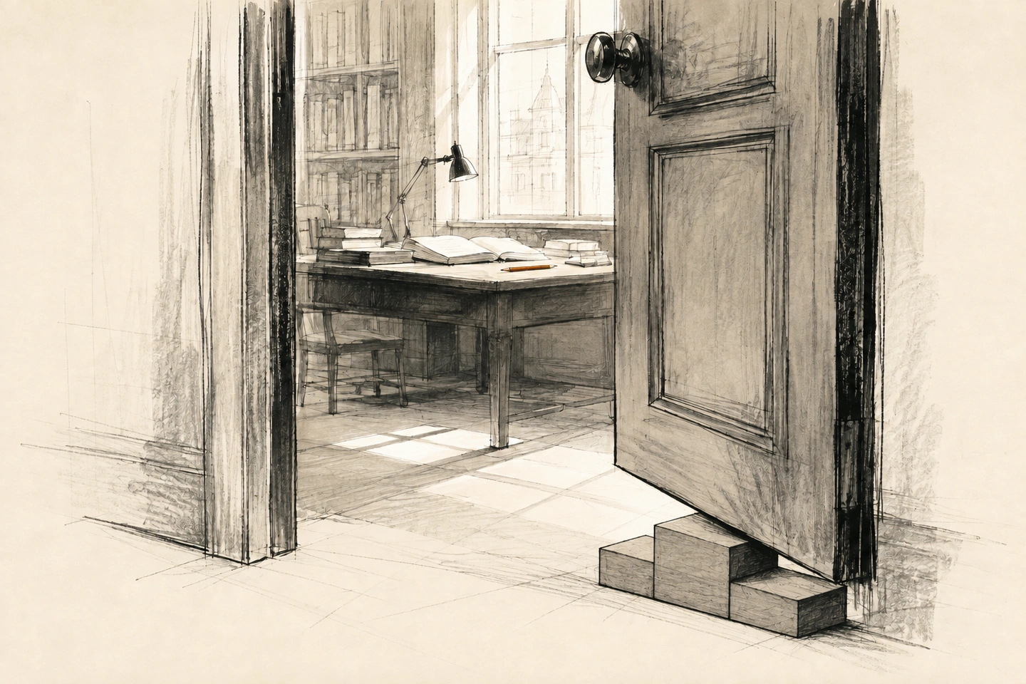 Um pequeno pódio segura a porta aberta de uma sala de leitura; ao fundo, uma mesa de estudo recebe luz e contém um lápis laranja.