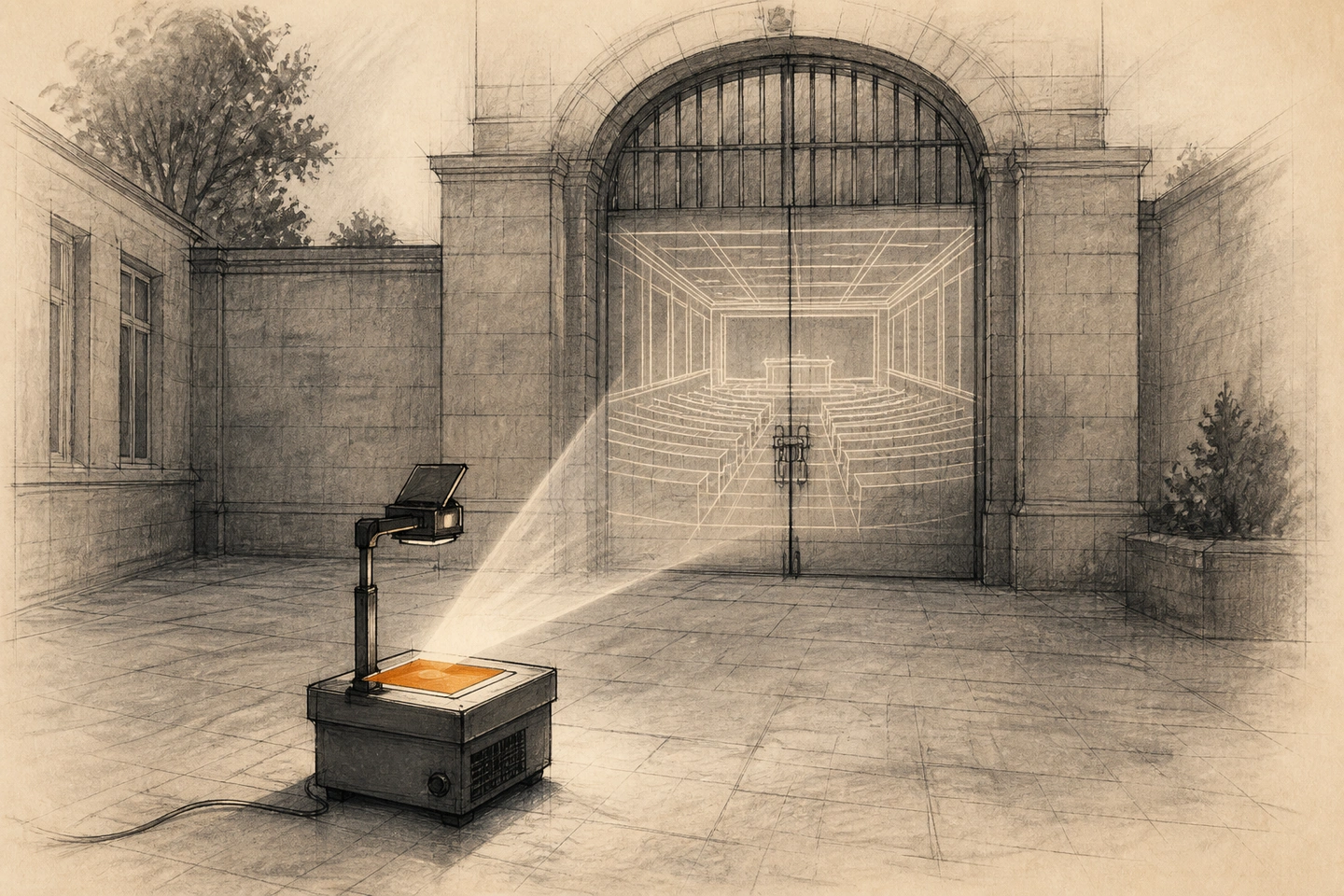 Um retroprojetor diante de um portão fechado projeta sobre as grades o desenho luminoso de um auditório aberto; a transparência é laranja.