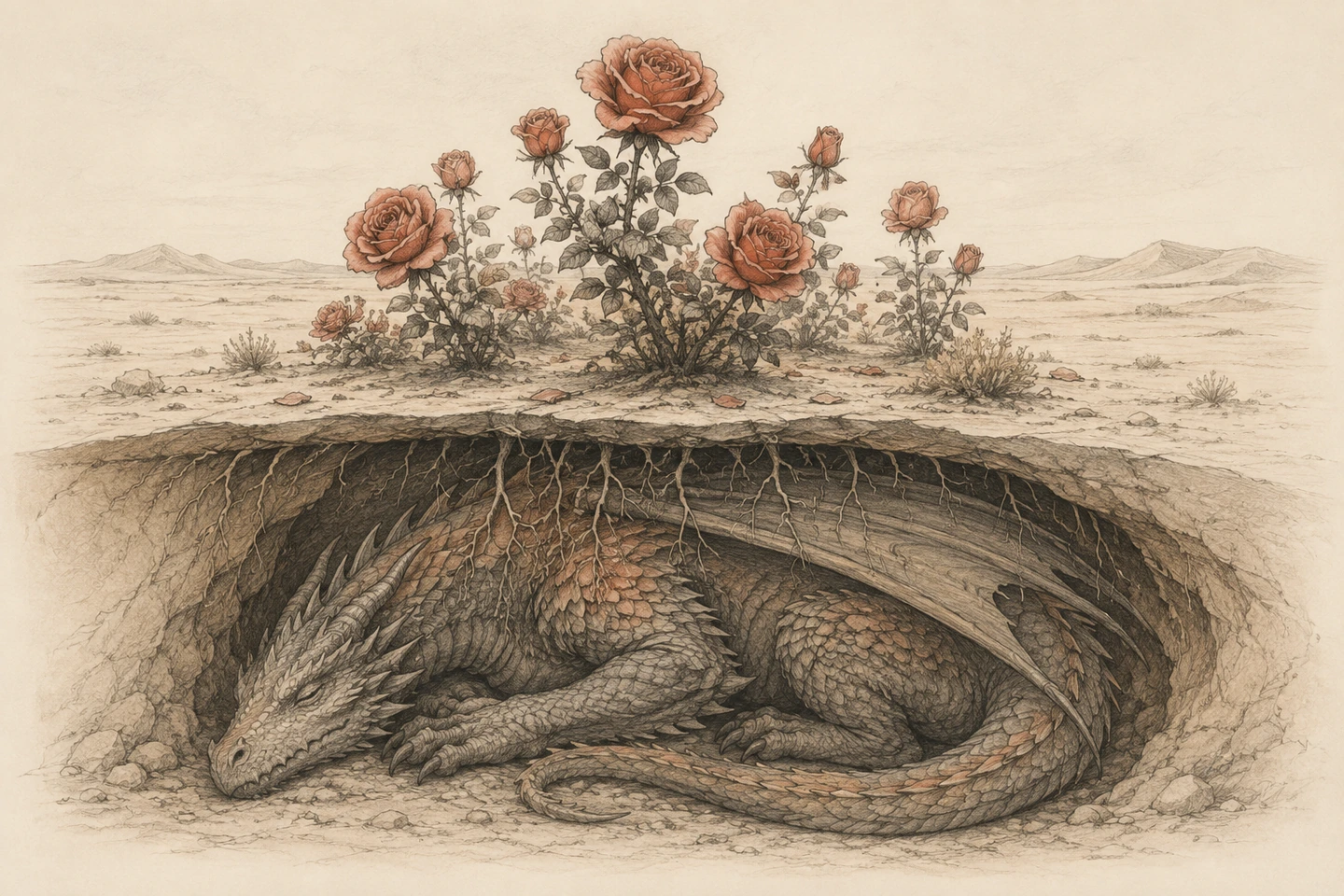 Sob um jardim de rosas grandes no deserto, um dragão repousa enrolado debaixo da areia.