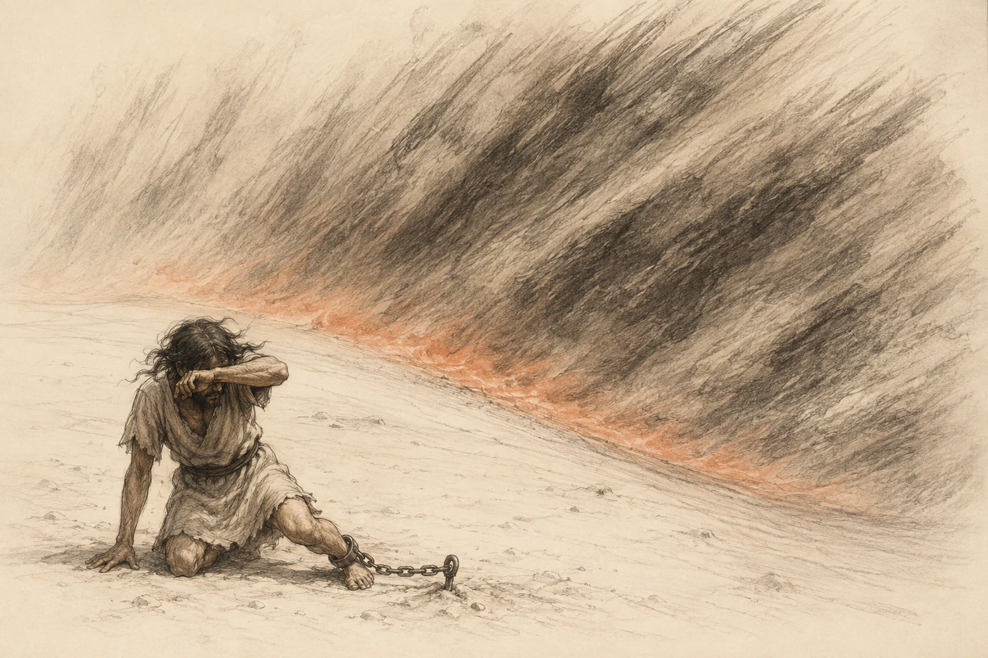 Pítos, acorrentado ao chão do deserto, protege o rosto diante de uma enorme tempestade de areia.