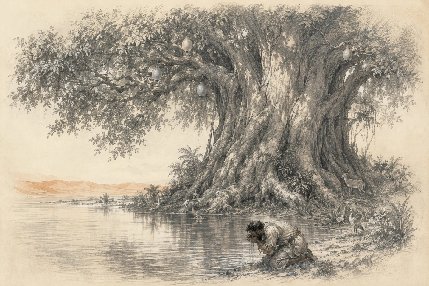 Pítos bebe no lago aos pés de uma árvore gigantesca de frutos prateados, cercada pela vegetação do oásis.