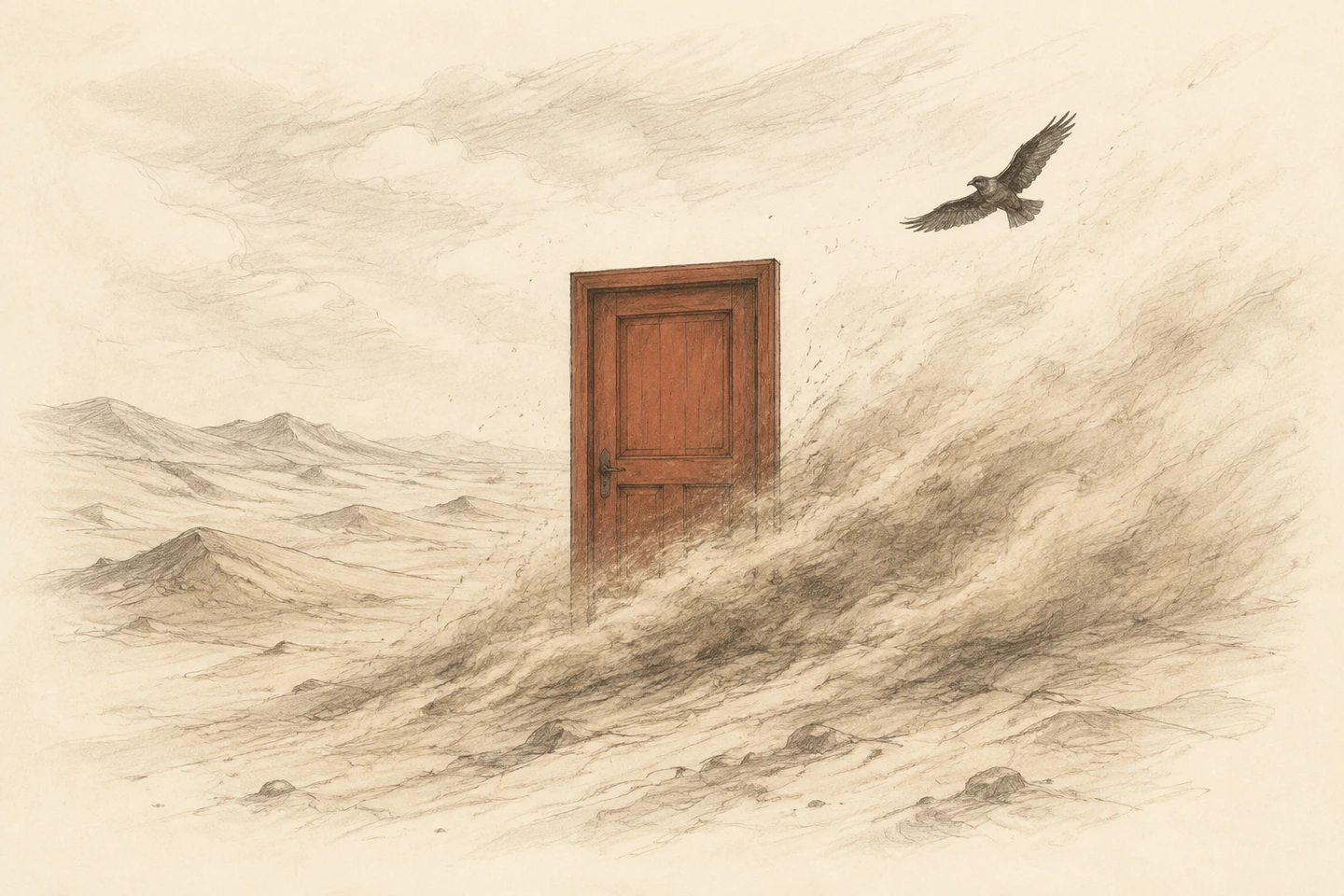 Uma porta vermelha fechada permanece entre dunas, enquanto um falcão escuro atravessa a tempestade de areia.