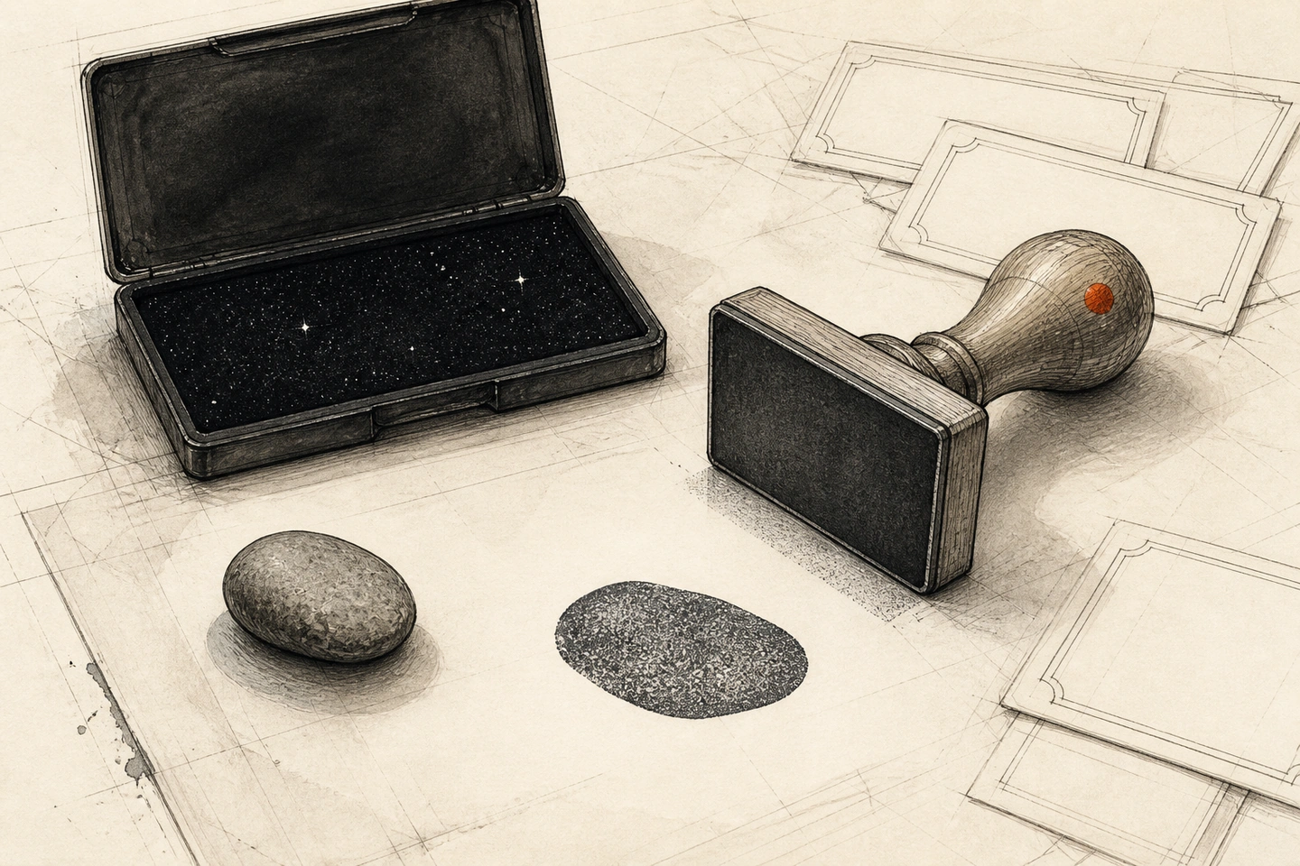 Ao lado de uma almofada de carimbo cheia de estrelas, um carimbo sem inscrição deixa no papel a impressão granulada de uma pedra; fichas de nome permanecem vazias e um ponto no cabo é laranja.