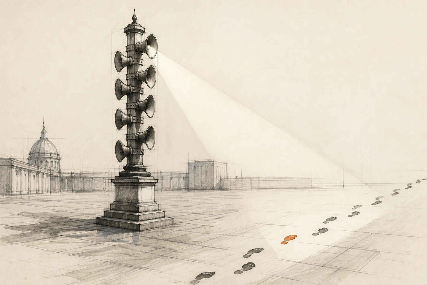 Uma torre de megafones ilumina pegadas que atravessam uma praça e continuam além da moldura; uma delas é laranja.
