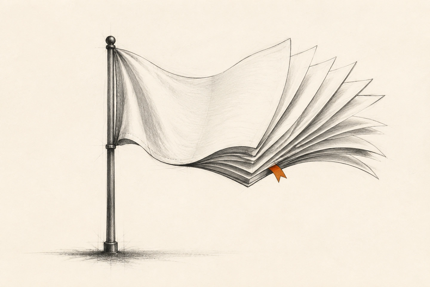 Uma bandeira branca presa a um mastro se abre em páginas de livro, com um pequeno marcador laranja entre elas.
