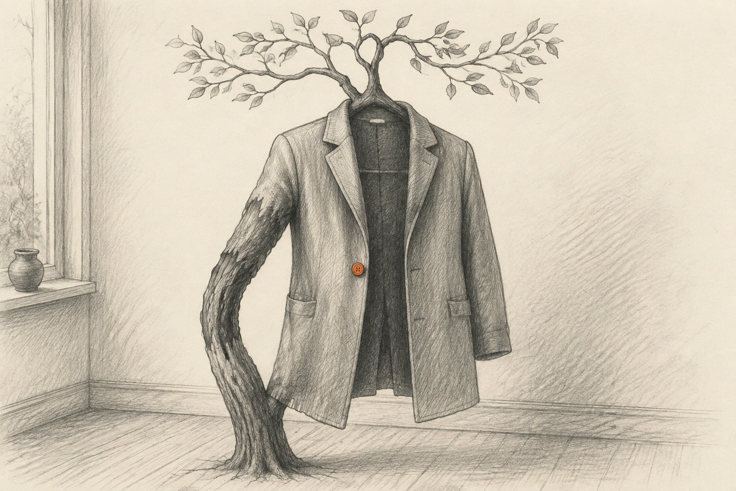 Um casaco vazio tem uma manga que se transforma em tronco e galhos, formando o cabide que sustenta o próprio casaco; um botão é laranja.