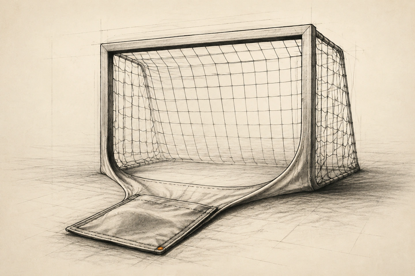 Um bolso vazio estendido no chão tem as bordas prolongadas numa grande trave de futebol com rede; um pequeno botão no canto do bolso é laranja.