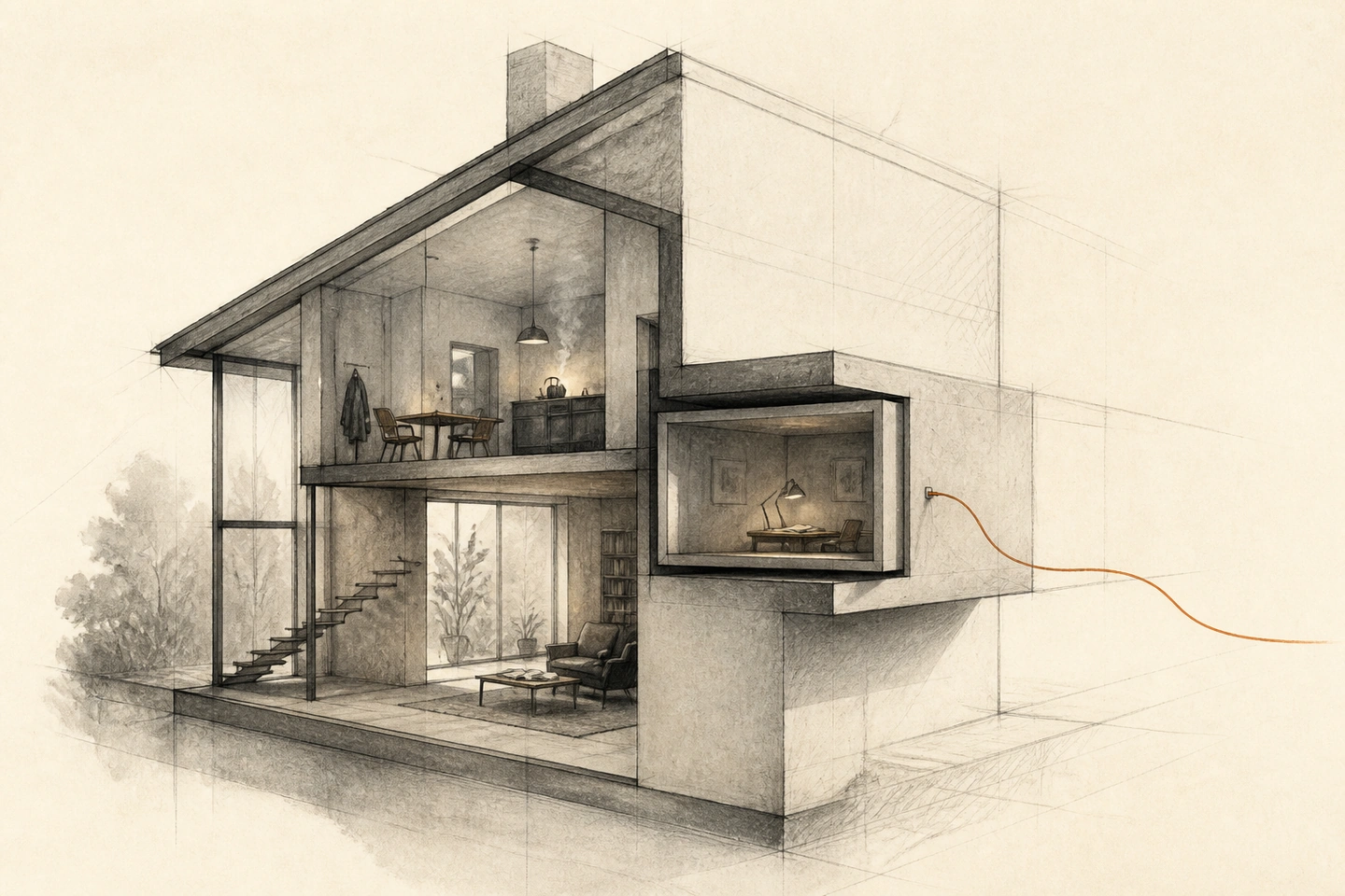 Uma casa em corte permanece acesa e mobiliada; um cômodo em forma de caixa projeta-se da lateral, sem porta visível, enquanto um fio laranja se liga à parede externa e segue para fora da imagem.