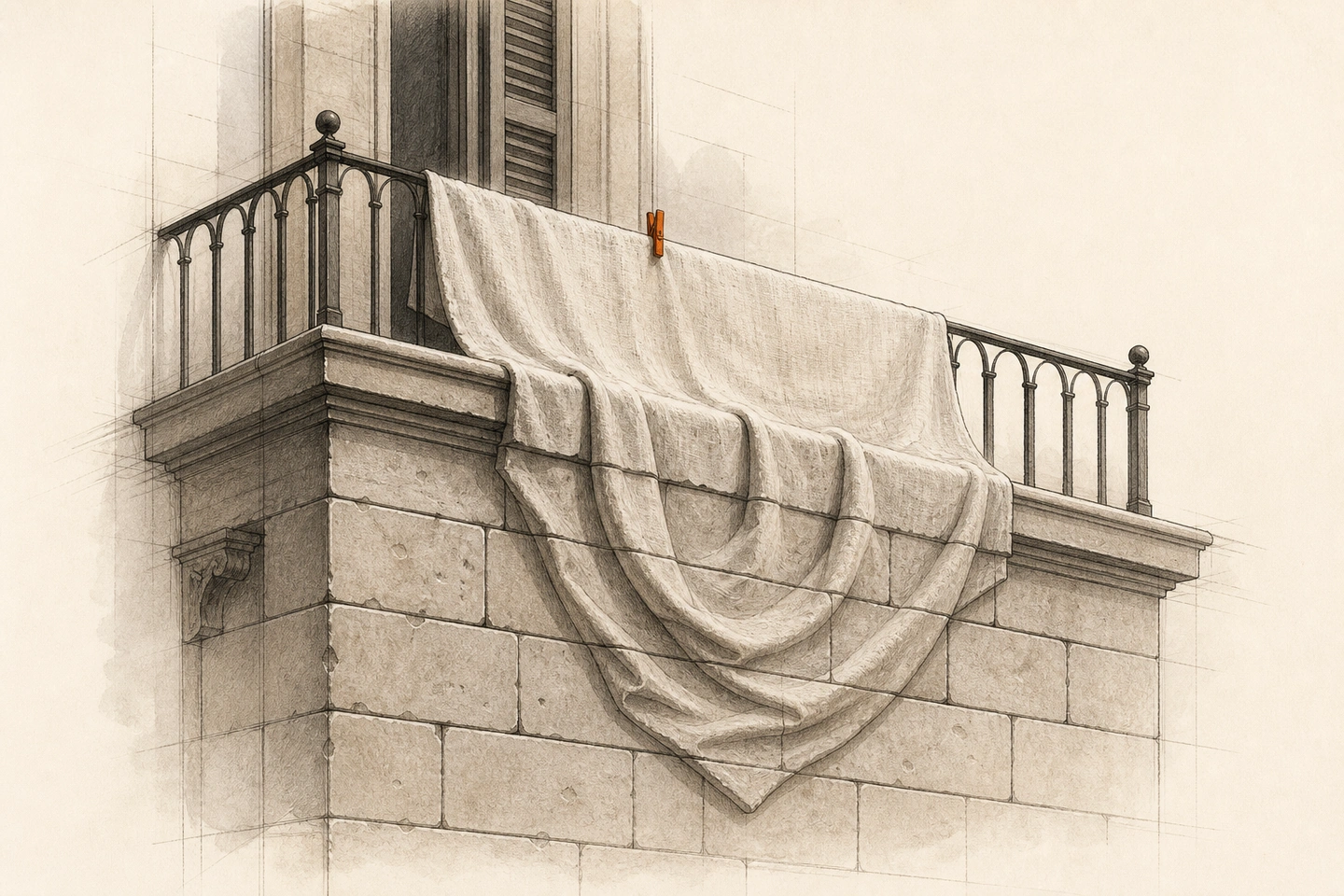 Um lençol branco atravessa o parapeito de uma varanda; abaixo da barra, suas dobras continuam como drapeado esculpido na fachada, preso por uma presilha laranja.