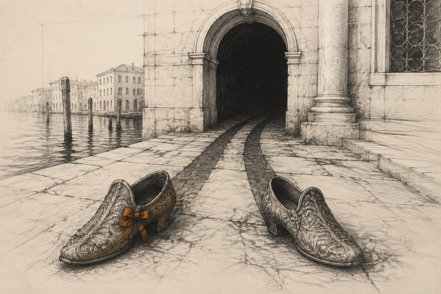 Dois sapatos vazios repousam na pedra; suas solas se prolongam em caminhos escuros que entram por um arco, ao lado de um laço laranja.