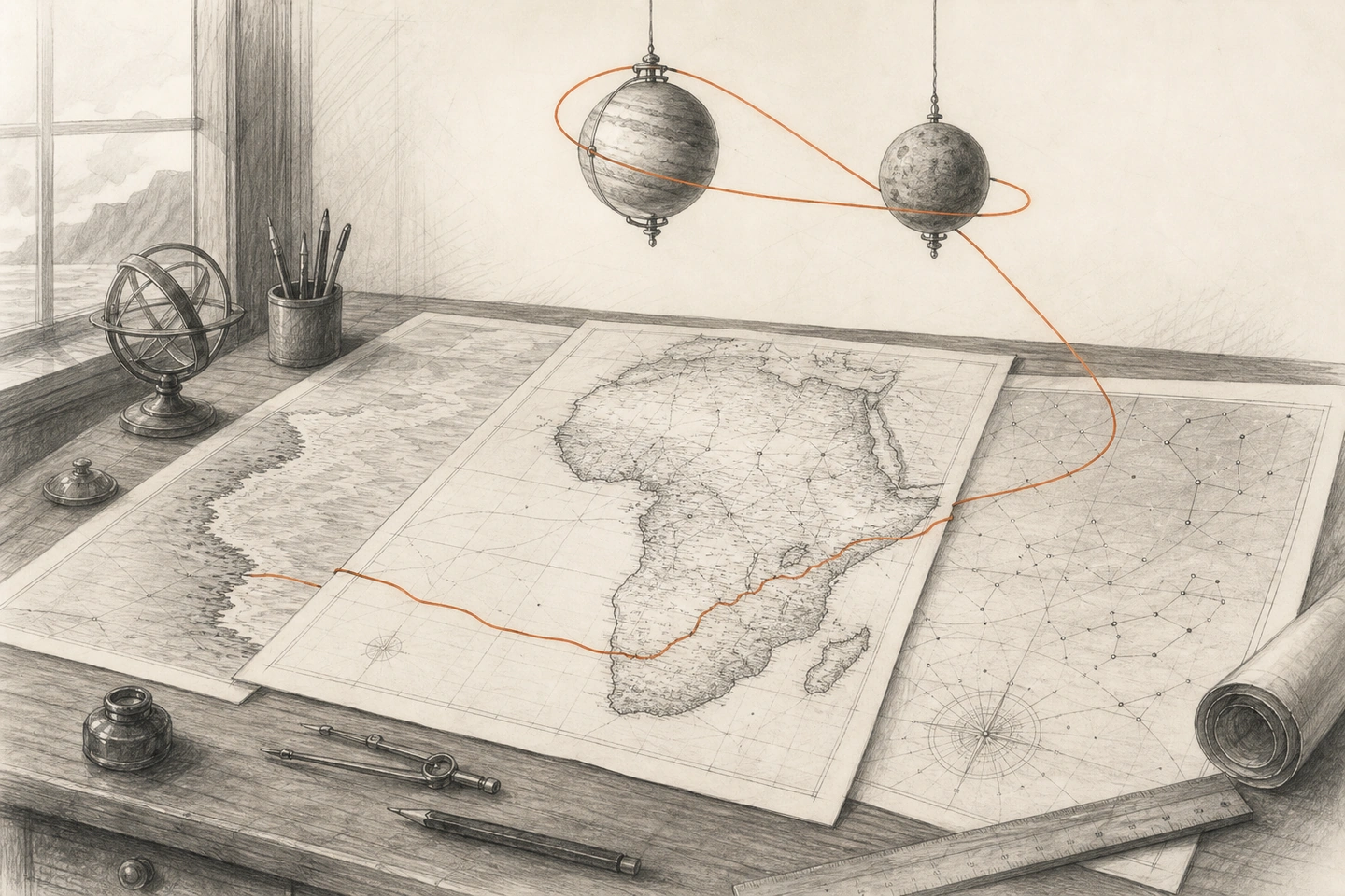 Mapas de África, costa e constelações cobrem uma mesa; uma linha laranja sai do papel, contorna dois modelos planetários suspensos e retorna pela margem oposta.