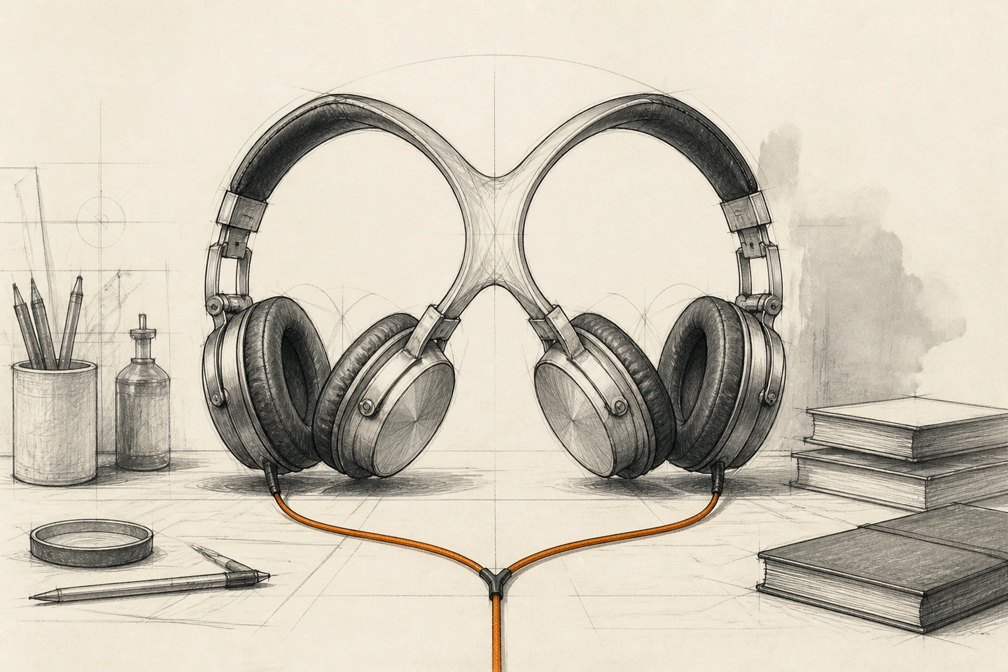 Dois fones de ouvido completos, cada um com seu arco, encontram-se no centro e ficam voltados um para o outro; os cabos laranja unem-se abaixo.