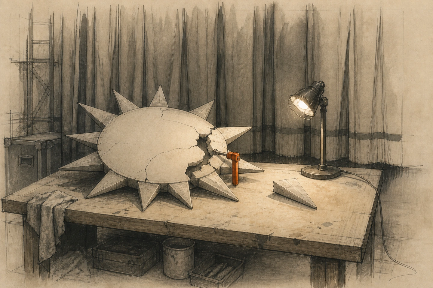 Nos bastidores, um sol cenográfico sem rosto e rachado repousa numa bancada sob uma luminária; um raio está solto e uma braçadeira laranja prende uma fissura.