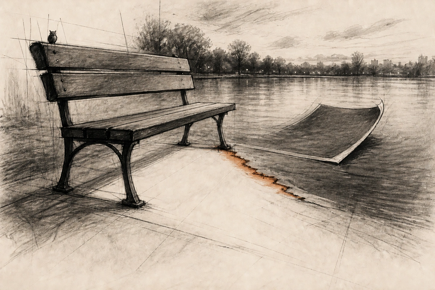 Banco vazio à beira do lago perdeu a própria sombra, que flutua como uma fotografia escura; uma coruja pequena repousa no encosto.
